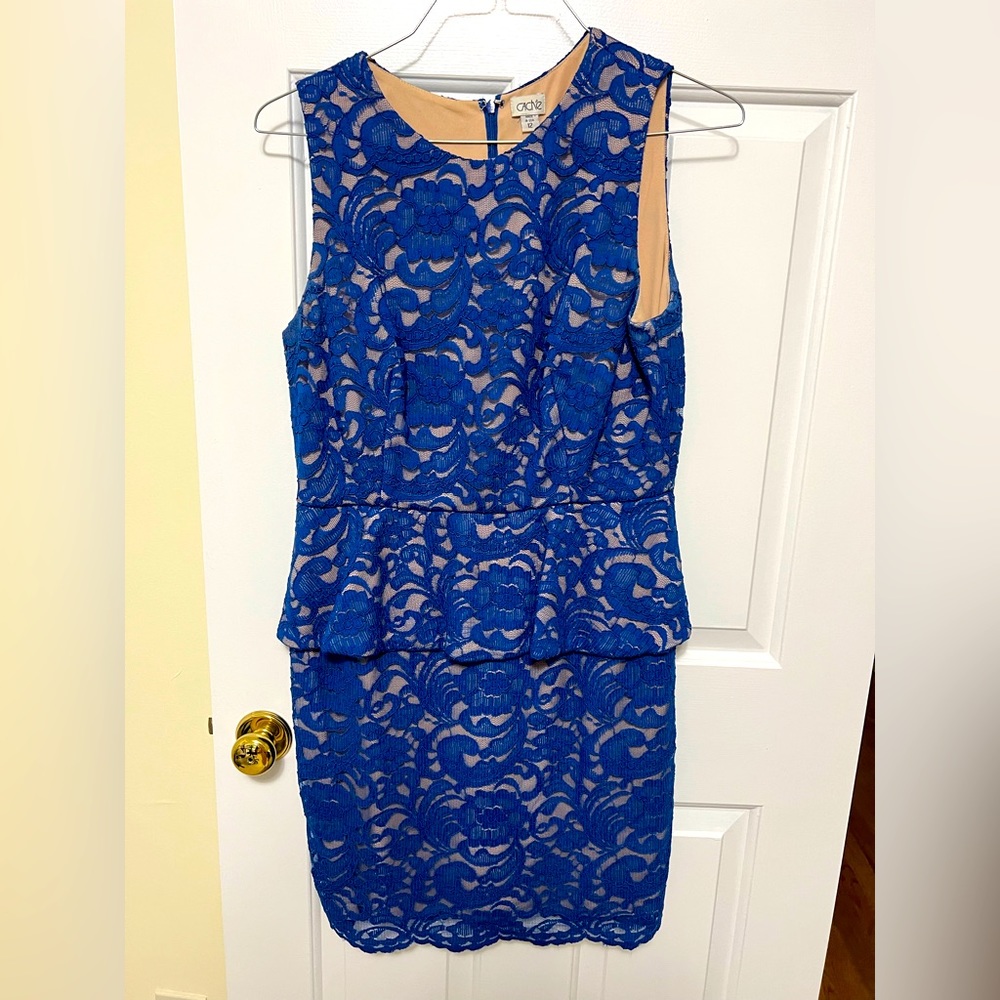 Blue lace peplum cocktail dress